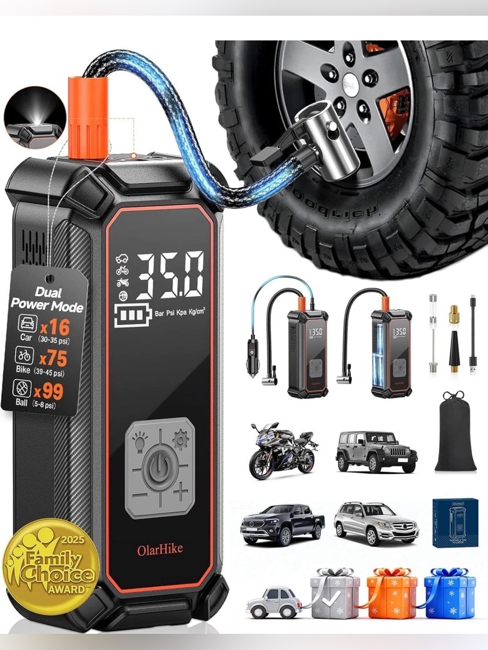 OlarHike Portable Tire Inflator Air Pump 3” 1800mAh & 12V DC in Everything New